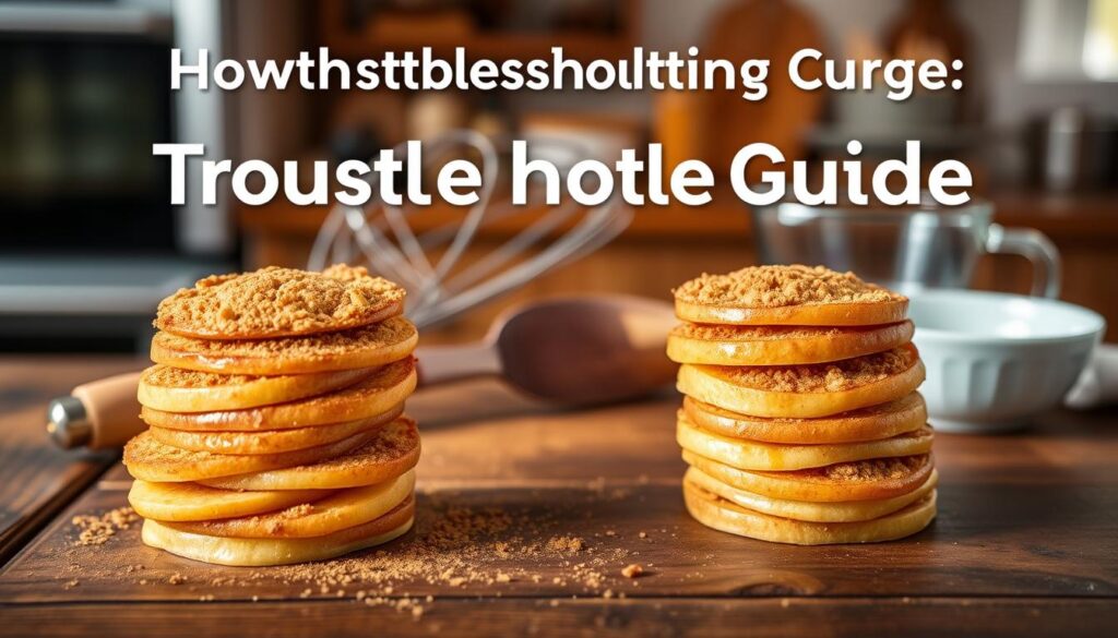 A neatly organized troubleshooting guide for a homemade apple crisp, presented on a rustic wooden surface. The foreground features a stack of crisp-topped apple slices, perfectly golden and dusted with cinnamon. In the middle ground, a set of kitchen tools - a whisk, a spatula, and a measuring cup - provide visual cues for the step-by-step process. The background is a soft, blurred scene of a cozy kitchen, with a glimpse of a warming oven and the warm glow of natural light filtering through a window. The overall mood is one of inviting, comforting simplicity, guiding the viewer through common issues and solutions for a delicious apple crisp.
