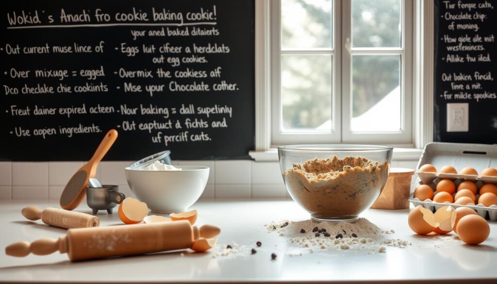 A pristine kitchen countertop, bathed in soft, diffused light from a large window. In the foreground, a variety of baking tools and ingredients are neatly arranged - a rolling pin, a set of measuring cups, a bowl of flour, and a carton of eggs. In the middle ground, a mixing bowl filled with a partially mixed dough, surrounded by cracked eggshells and spilled flour, conveying the potential for baking mishaps. The background features a chalkboard wall, with handwritten tips and reminders on how to avoid common cookie baking mistakes, such as over-mixing, under-baking, and using expired ingredients. The overall scene exudes a sense of order, organization, and a kitchen ready to produce perfectly baked oatmeal chocolate chip cookies.