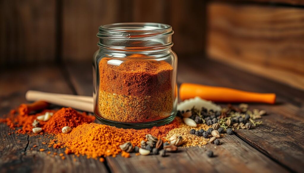 A rustic wooden surface, dimly lit with warm, golden tones, serves as the backdrop for a carefully arranged composition of Cajun seasoning ingredients. In the foreground, a hand-crafted glass jar filled with a vibrant blend of paprika, garlic powder, onion powder, cayenne pepper, black pepper, and dried herbs like oregano and thyme. Surrounding the jar, a scattering of these aromatic spices creates a sensory display, hinting at the complex flavor profile of the seasoning. The overall mood is one of earthy authenticity, evoking the rich culinary traditions of Cajun cuisine.