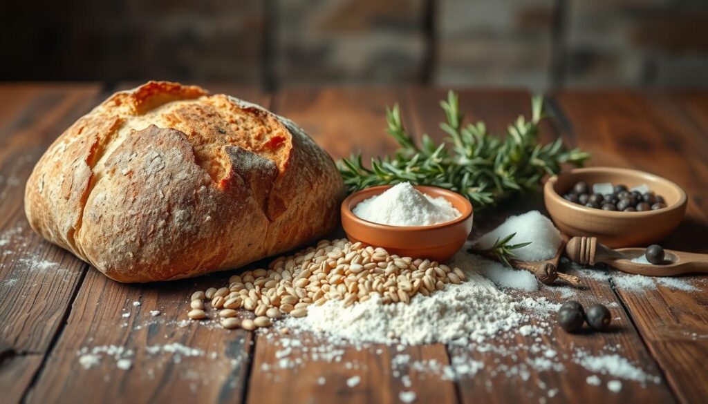 A rustic wooden table, its surface speckled with flour, holds an array of artisanal bread ingredients. In the foreground, a crusty sourdough loaf, its golden crust glistening, rests alongside a scattering of whole wheat kernels and a small earthenware bowl filled with active sourdough starter. In the middle ground, a handful of fresh rosemary sprigs, a dusting of sea salt, and a few whole peppercorns create a harmonious composition. The background features a soft, hazy light, casting a warm, inviting glow over the scene, conveying the comforting essence of homemade sourdough bread. Captured with a shallow depth of field, the image emphasizes the artisanal and natural qualities of the ingredients.