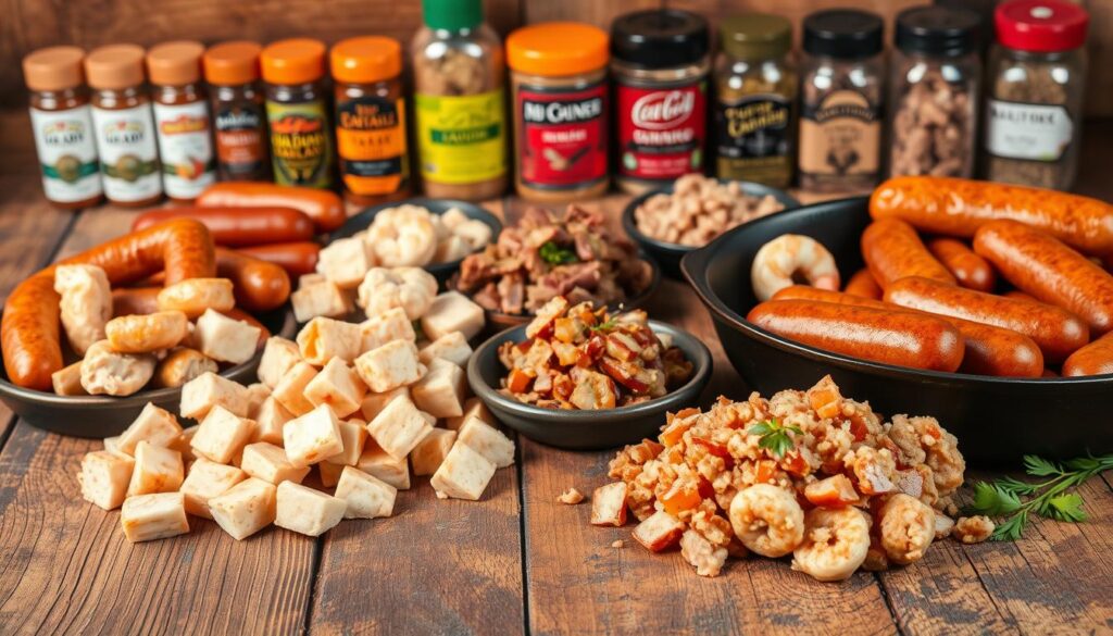 A rustic wooden table, its surface weathered by time, showcases an array of Cajun-inspired meat choices for a hearty jambalaya. In the foreground, sausages sizzle on a cast-iron skillet, their spicy aroma wafting through the air. Beside them, cubes of tender chicken and juicy shrimp glisten under soft, warm lighting. In the middle ground, a medley of diced andouille, tasso, and ground pork await their turn to be added to the mix, their distinct flavors poised to meld into the classic Cajun dish. The background features a neatly arranged display of various Cajun seasonings and herbs, hinting at the robust, aromatic layers that will infuse the jambalaya. The overall mood is one of rustic authenticity, capturing the essence of a traditional Cajun kitchen.