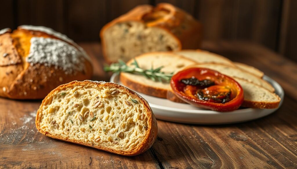 A rustic wooden table, the surface adorned with an array of freshly baked sourdough breads, each slice showcasing a unique flavor profile. In the foreground, a sliced loaf reveals a golden, chewy crumb flecked with fragrant herbs and seeds. Behind it, a loaf dusted with a light coating of flour, its crusty exterior hinting at the tangy, complex flavors within. In the middle ground, a platter holds fragrant rosemary and sun-dried tomato infused slices, their vibrant colors and textures inviting the senses. The background is softly lit, casting a warm, homely glow over the scene, creating an atmosphere of artisanal, homemade goodness.