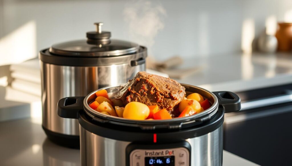 A stainless steel Instant Pot simmering on a sleek, modern kitchen counter, steam gently billowing from the lid. Inside, a perfectly cooked Mississippi-style pot roast, rich and tender, surrounded by fragrant vegetables like carrots, potatoes, and onions. Soft, natural lighting illuminates the scene, casting a warm, inviting glow. The Instant Pot's display shows the cooking time and temperature, highlighting the convenience and precision of this method. The overall atmosphere is one of homey comfort and mouthwatering anticipation, enticing the viewer to imagine the delicious flavors and texture of this nourishing, slow-cooked meal.