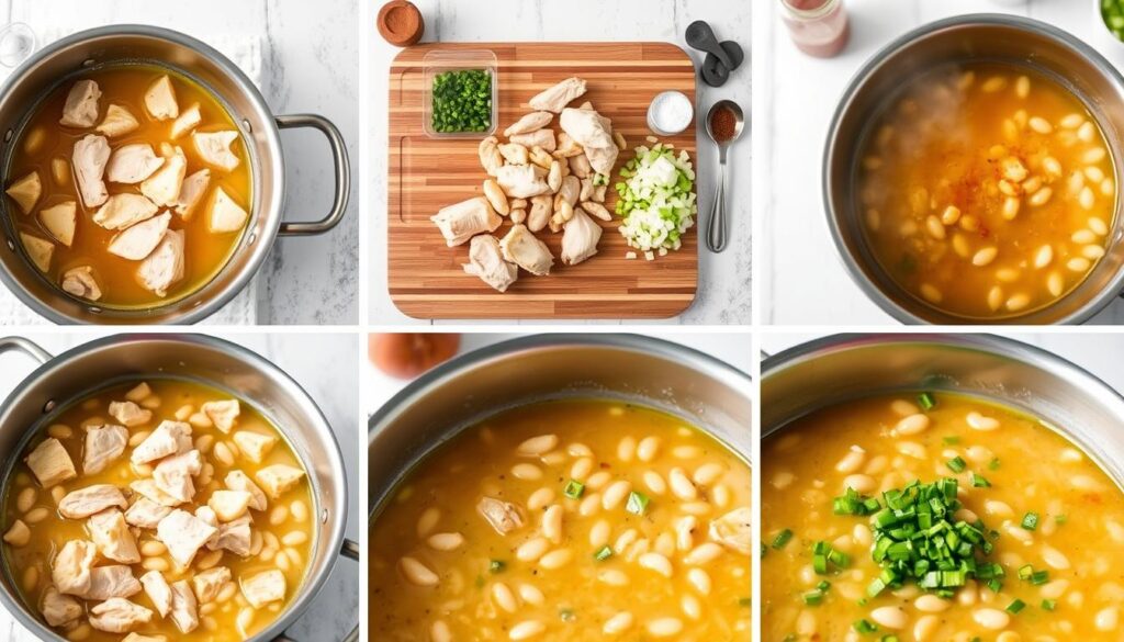 A step-by-step sequence of a hearty chicken and white bean soup cooking process. In the foreground, a metal pot filled with simmering broth, chunks of tender chicken, and creamy white beans. Bright, evenly-distributed lighting illuminates the rich, golden-brown hues of the stew. The middle ground features a wooden cutting board with chopped celery, onions, and garlic. In the background, a few basic cooking utensils and spices are neatly arranged. The overall composition conveys a warm, inviting atmosphere, capturing the essence of a comforting homemade soup.