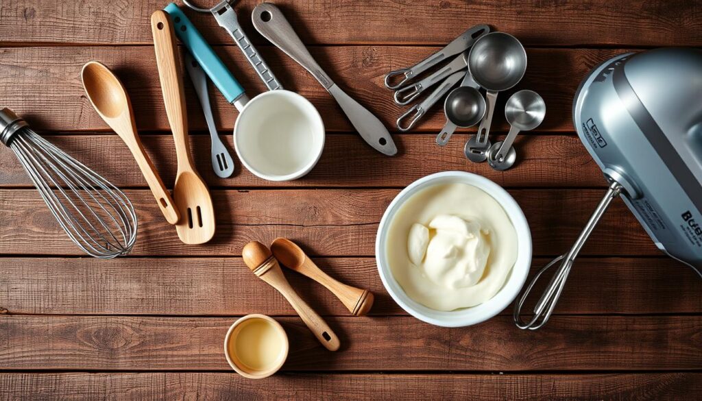 A still life arrangement of various kitchen tools and utensils used for preparing homemade banana pudding. On a rustic wooden tabletop, a medley of utensils is neatly displayed, including a whisk, spatula, mixing bowl, measuring cups and spoons, and a hand mixer. The lighting is soft and natural, casting gentle shadows and highlighting the textures of the worn wood and metal. The overall mood is one of simplicity and functionality, capturing the essential tools needed for this classic dessert. The composition is balanced and visually appealing, inviting the viewer to imagine the satisfying process of making a delicious banana pudding in this cozy kitchen setting.
