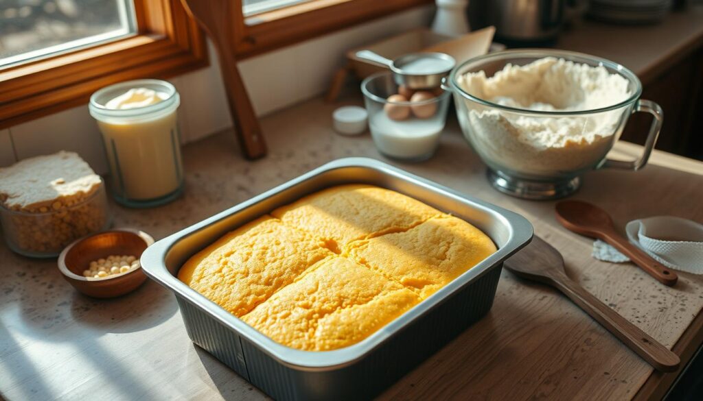 A sun-drenched kitchen counter with a large metal baking pan in the center, filled with golden-brown cornbread fresh from the oven. To the side, a mixing bowl with batter ingredients - cornmeal, flour, milk, and eggs - in various stages of preparation. Nearby, a wooden spoon, a sifter, and a spatula set the scene for the step-by-step baking process. Warm lighting casts a cozy glow, while the angle captures an up-close, immersive view of this homemade Jiffy cornbread creation.