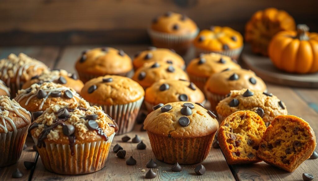 A tantalizing display of pumpkin chocolate chip muffin variations on a rustic wooden surface, illuminated by warm, natural lighting. In the foreground, a selection of muffins in various shapes and sizes, some with crumble toppings, others with drizzled glaze or cinnamon sugar. The middle ground features an assortment of freshly baked muffins, their golden crusts and moist interiors contrasting with the rich chocolate chips scattered throughout. In the background, a few muffins have been cut in half, revealing their tender, pumpkin-infused crumb. The overall scene evokes a cozy, autumnal atmosphere, inviting the viewer to imagine the delightful flavors and textures of these creative pumpkin chocolate chip muffin variations.