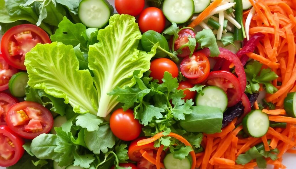 A vibrant assortment of fresh salad vegetables arranged in a visually appealing manner. A variety of greens, including crisp romaine lettuce, tender spinach, and bright arugula, take center stage. Surrounding them are sliced tomatoes, crunchy cucumber spears, juicy bell pepper strips, and shredded carrots. The lighting is soft and natural, highlighting the vibrant colors and textures of the produce. The composition is balanced, with the vegetables arranged in a way that draws the eye to the center of the frame. The overall mood is clean, fresh, and inviting, perfectly capturing the essence of a well-curated salad vegetable selection.
