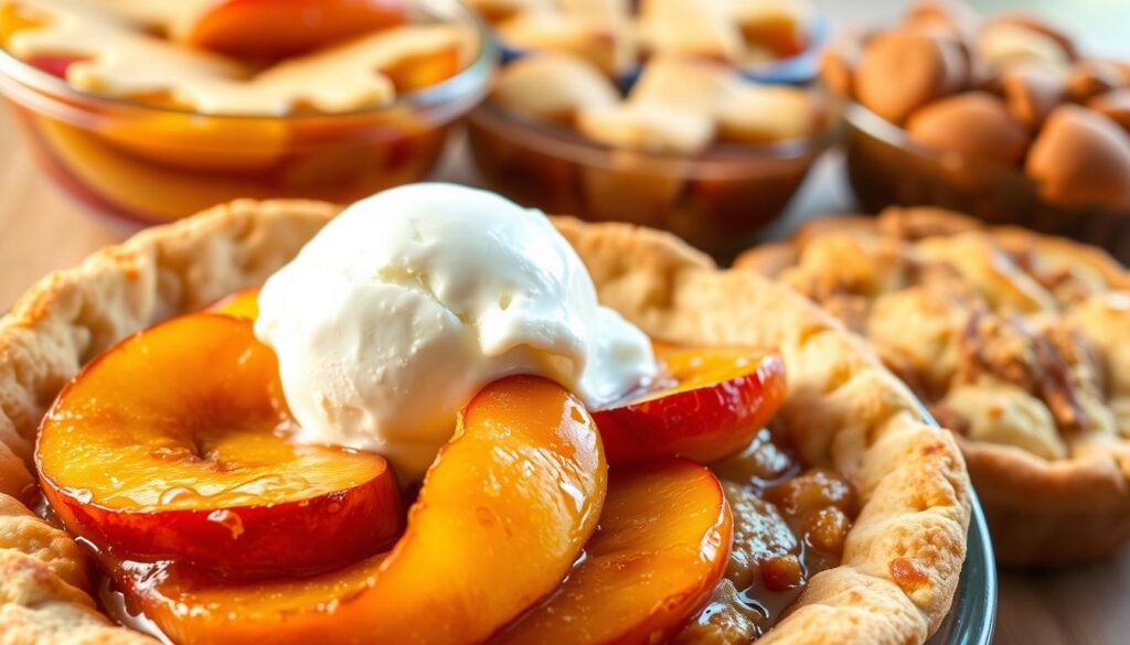 A vibrant display of mouth-watering peach cobbler variations, photographed with warm, golden lighting and a soft, shallow depth of field. In the foreground, a rustic, flaky crust topped with caramelized peach slices. In the middle, a scoop of vanilla ice cream melting over a bubbling, cinnamon-spiced cobbler. In the background, different renditions - a lattice-topped version, a cobbler with a biscuit-like topping, and a crumble-style variation. The image exudes the cozy, homemade charm of this classic Southern dessert, inviting the viewer to indulge in its comforting flavors.