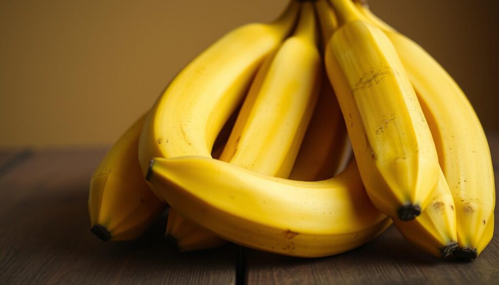 A vibrant still life showcasing ripe, golden-yellow bananas on a rustic wooden surface. The bananas are in various stages of ripeness, with some just starting to develop freckles and others sporting a deep, caramelized hue. Soft, directional lighting from the side casts gentle shadows, highlighting the curves and textures of the fruit. The background is a simple, muted tone, allowing the bananas to take center stage. The overall scene conveys a sense of freshness, warmth, and the promise of a delicious, homemade banana pudding.