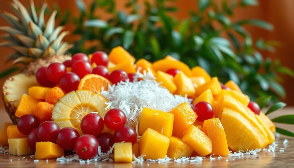 A vibrant tropical fruit display set against a warm, natural backdrop. In the foreground, an arrangement of sliced pineapple, mandarin oranges, juicy red grapes, and luscious mango chunks. The middle ground features a scattering of shredded coconut and maraschino cherries, while the background depicts a lush, verdant foliage. Soft, indirect lighting creates a gentle, inviting atmosphere, highlighting the rich colors and textures of the delectable ingredients. Captured with a wide-angle lens to showcase the bountiful selection, this image exudes the essence of a classic Southern ambrosia salad.