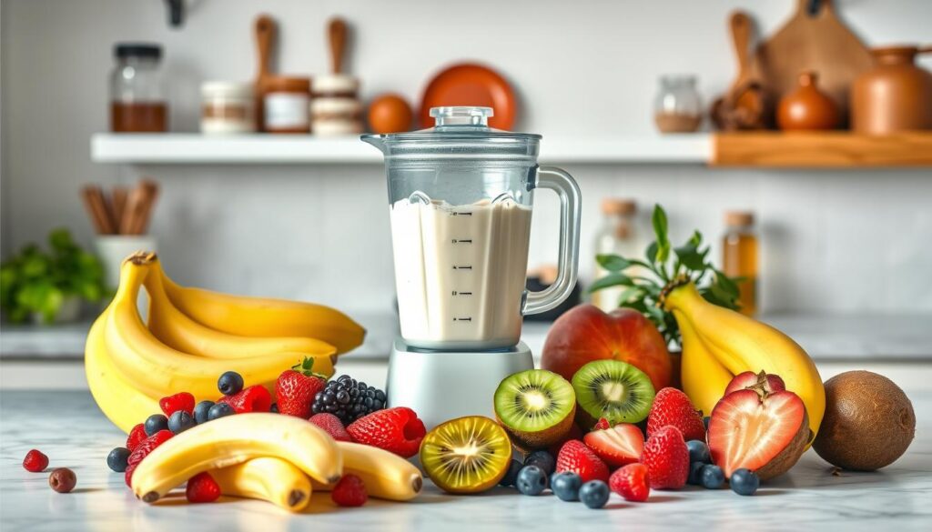 A vibrant, well-lit kitchen countertop showcasing an array of healthy ice cream alternatives. In the foreground, a variety of fresh fruits including bananas, berries, and kiwi are arranged artfully. In the middle ground, a blender containing a creamy, dairy-free ice cream base made from plant-based ingredients like coconut milk and avocado. Behind, a selection of natural sweeteners such as honey, maple syrup, and dates are displayed. The overall scene conveys a sense of balance, wholesomeness, and culinary creativity, inviting the viewer to explore delicious, nutritious frozen treats.