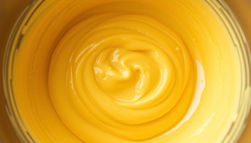 A viscous, golden-hued pancake batter gently ripples and flows within a wide, shallow mixing bowl, reflecting the warm overhead lighting. Tiny air bubbles rise to the surface, hinting at the soft, airy texture to come. The batter's smooth, velvety consistency is captured in meticulous detail, inviting the viewer to imagine the scent of fresh-cooked pancakes. The bowl is positioned against a clean, minimalist background, allowing the luscious batter to take center stage and inspire the reader's culinary creativity.