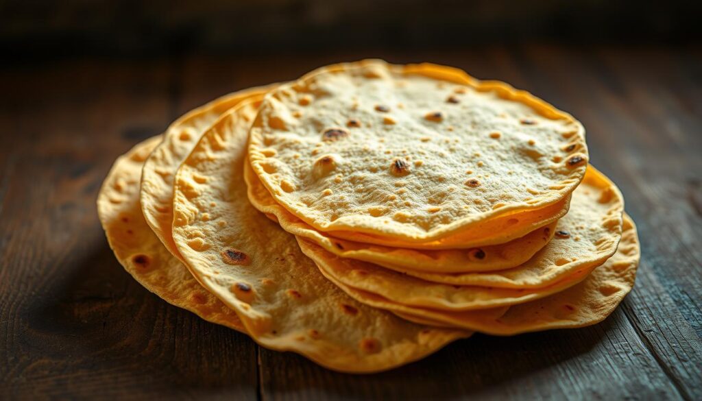 A visually striking culinary still life showcasing a selection of fresh, handmade tortillas. The tortillas, in varying shades of golden-brown, are arranged in a fan-like pattern on a rustic wooden table, illuminated by soft, natural side lighting that casts a warm, inviting glow. The tortillas are the focal point, their textures and subtle variations in color and thickness evident. The background is subtly blurred, allowing the tortillas to take center stage, conveying a sense of artisanal craftsmanship and the care taken in their preparation. The overall composition exudes an atmosphere of authenticity, quality, and the joy of home-cooked Mexican cuisine.