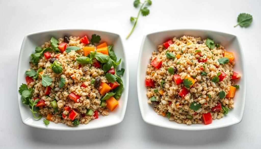 A visually striking nutritional comparison of homemade and store-bought quinoa salad, captured with a professional-grade camera and natural, overhead lighting. The foreground features two side-by-side square plates, one with a homemade quinoa salad and the other with a store-bought version. The middle ground showcases a vibrant array of quinoa grains, fresh vegetables, and herbs, neatly arranged to highlight the key nutritional differences. The background subtly blends out-of-focus greens and whites, creating a clean, minimalist aesthetic. The overall mood is one of informative clarity, allowing the viewer to easily discern the nutritional profiles of the two salad options.