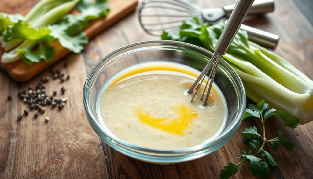 A well-lit, close-up shot of a wooden kitchen counter or table, showcasing the preparation of homemade Caesar dressing. In the foreground, a glass or ceramic bowl contains a creamy, emulsified mixture of olive oil, lemon juice, Dijon mustard, garlic, anchovies, and Parmesan cheese. Nearby, a whisk, a cutting board with fresh romaine lettuce leaves, and a few additional ingredients like cracked black pepper and fresh herbs are arranged in a visually appealing manner. The lighting is soft and natural, highlighting the texture and color of the dressing and creating a sense of culinary craftsmanship. The overall atmosphere is one of a thoughtful, handmade preparation of a classic salad dressing.