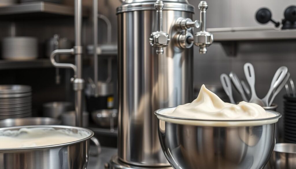 A well-lit commercial kitchen setting, with a gleaming stainless steel frozen custard machine as the central focus. The machine's sleek cylindrical body and chrome-plated controls capture the essence of precision engineering. In the foreground, a metal bowl filled with creamy vanilla custard batter, ready to be churned into a silky-smooth frozen treat. Surrounding the machine, an array of complementary equipment - a sturdy metal stand, a tall metal mixing paddle, and a collection of gleaming metal scoops and servers. The overall scene evokes a sense of professional-grade craftsmanship and attention to detail, perfectly suited for creating the finest vanilla frozen custard.