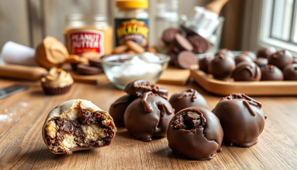 A well-lit, high-quality photograph of a tabletop display showcasing common baking mistakes and solutions for making the perfect buckeye treats. In the foreground, a cracked buckeye candy, an overly dry and crumbly batch, and a batch that didn't set properly are neatly arranged. In the middle ground, a selection of baking tools and ingredients like peanut butter, chocolate, and sugar are visible, hinting at the recipe troubleshooting process. The background features a rustic wooden surface with natural lighting, creating a warm, inviting atmosphere for this instructional culinary scene.