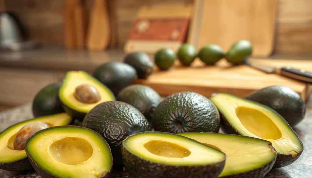 A well-lit kitchen counter showcases a selection of ripe avocados in various stages of ripeness. In the foreground, several avocados are partially opened, revealing their vibrant green flesh and smooth, creamy texture. The middle ground features a few whole avocados, their skin gently yielding to gentle pressure, indicating optimal ripeness. In the background, a cutting board and chef's knife stand ready, hinting at the imminent preparation of a delectable guacamole. The scene is bathed in warm, natural lighting, capturing the inviting and appetizing atmosphere of a kitchen ready to craft a delicious, homemade culinary delight.