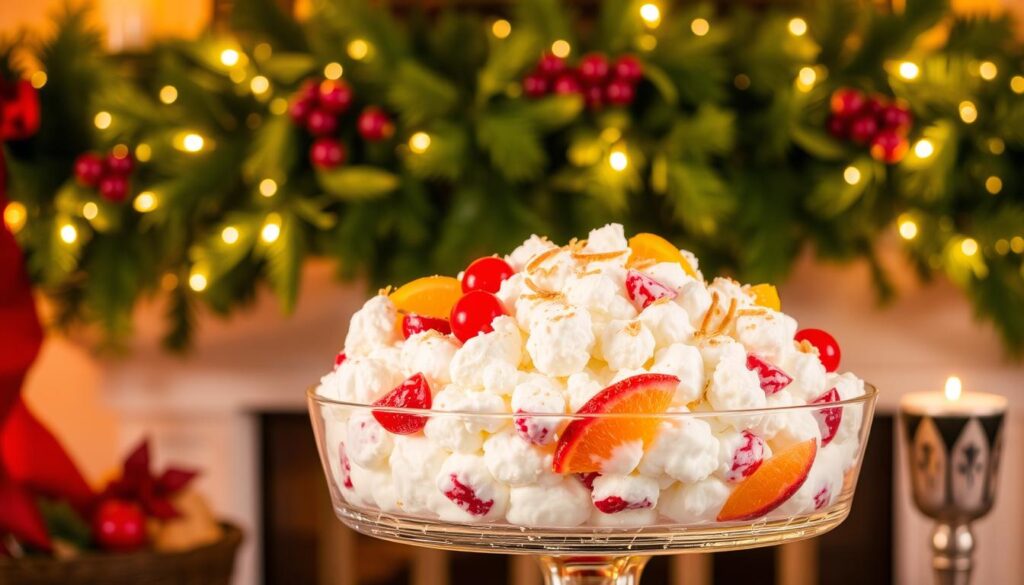 Ambrosia Salad Holiday Traditions: A festive display of fluffy, creamy ambrosia salad, adorned with vibrant citrus slices, maraschino cherries, and a dusting of toasted coconut. The salad sits atop a gleaming glass pedestal, casting a warm glow under the soft lighting of a cozy holiday setting. In the background, a lush garland of evergreen boughs and twinkling lights frames the scene, evoking the spirit of cherished seasonal gatherings. The composition captures the timeless allure of this classic Southern dessert as it takes center stage in a tableau of holiday cheer.