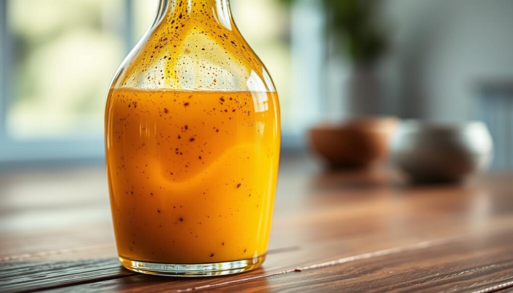An elegant homemade Cobb salad vinaigrette dressing, glistening in a clear glass cruet, illuminated by soft natural light streaming in from a nearby window. The dressing has a vibrant golden-amber hue, with specks of freshly cracked black pepper and finely chopped herbs suspended in the translucent emulsion. The bottle's simple yet refined design allows the rich, appetizing colors of the vinaigrette to take center stage. A complementary background of wooden tabletop, soft focus, and muted tones creates a welcoming, rustic atmosphere, inviting the viewer to imagine drizzling this flavorful dressing over a bountiful Cobb salad.
