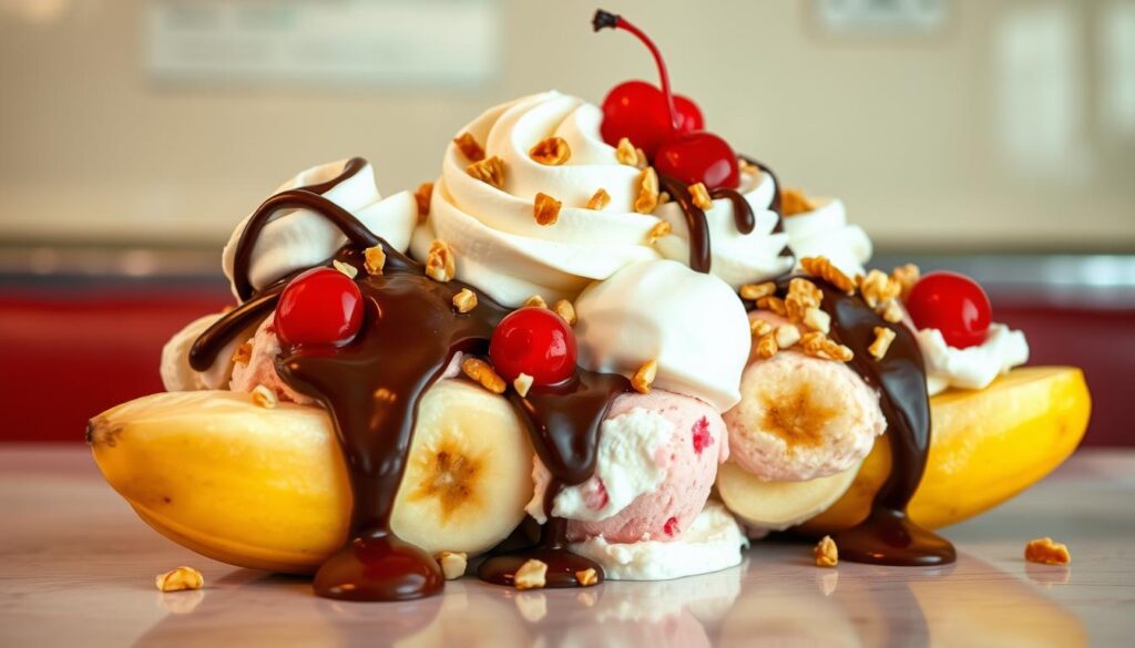 Crisp banana slices, luscious scoops of vanilla, chocolate, and strawberry ice cream, drizzled with silky chocolate fudge, vibrant maraschino cherries, and crunchy chopped nuts. Fluffy whipped cream crowns this decadent banana split, set against a backdrop of a retro-style diner countertop with subtle reflections and muted pastel tones. Soft, even lighting illuminates the scene, highlighting the textural contrasts and rich colors of this timeless American dessert.