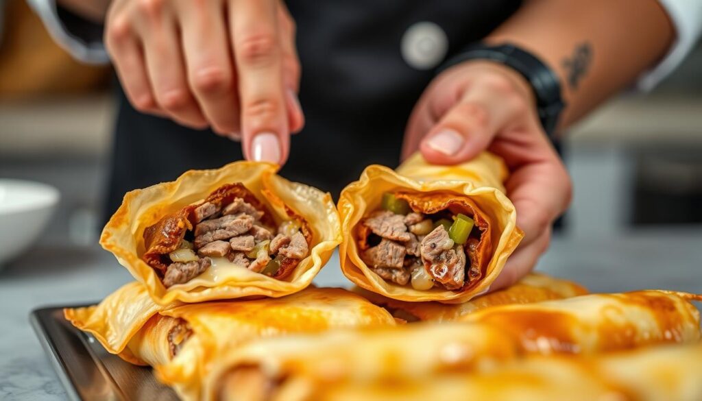Detailed close-up of an expert chef's hands demonstrating the proper cooking techniques for Philly cheesesteak egg rolls. Crunchy golden-brown egg roll wrappers in the foreground, filled with tender slices of steak, melted cheese, and sautéed onions and peppers. Crisp, high-contrast lighting illuminates the intricate folds and textures of the egg rolls as they are carefully assembled. Hints of a minimalist kitchen countertop or workspace in the background, creating a sense of focus and instructional context.