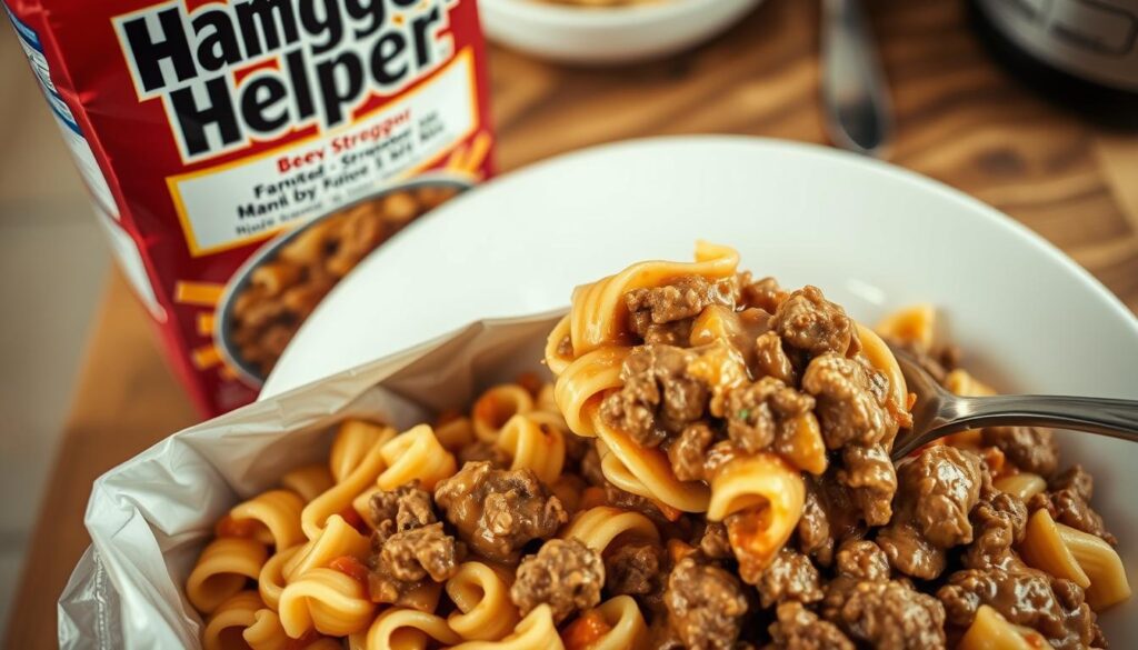 Detailed image of a Beef Stroganoff Hamburger Helper meal, shot from above with warm lighting and a shallow depth of field. The foreground features the open packaging revealing the dry noodle mix, with a scoop of the cooked stroganoff-style sauce and ground beef. The middle ground shows a stainless steel serving spoon alongside a white plate partially filled with the finished dish. The background is blurred, suggesting a domestic kitchen setting. The overall composition conveys the delicious, home-cooked nature of this classic weeknight dinner.