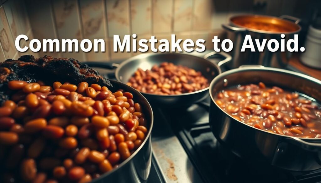 Detailed image of several baked beans cooking mistakes on a kitchen counter or stovetop, captured with a wide-angle lens and dramatic studio lighting. In the foreground, an overflowing pot of burnt, bubbling beans; in the middle ground, a skillet with raw, uncooked beans; in the background, a saucepan of watery, thin beans. Convey a sense of culinary disaster through the cluttered, messy setting and failed cooking techniques. Muted, earthy color palette with hints of golden-brown highlights to suggest the improperly cooked, subpar nature of the baked beans. Evoke a cautionary, educational tone to illustrate the "Common Mistakes to Avoid" in this comforting recipe.