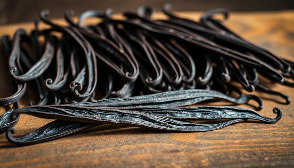 Vanilla Bean Selection for Homemade Frozen Custard A carefully curated arrangement of premium vanilla beans, each with its own distinct speckling and aroma. The beans are arranged on a rustic wooden surface, bathed in soft, natural lighting that accentuates their rich, velvety tones. In the foreground, a few split vanilla pods reveal their fragrant, black caviar-like seeds, hinting at the luxurious custard to come. The middle ground features an array of whole vanilla beans, their slender forms and intricate textures inviting the viewer to imagine the silky-smooth texture of the frozen custard. The background is softly blurred, allowing the vanilla to take center stage and captivate the senses.