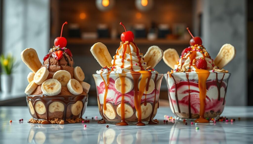 Vibrant banana split ice cream sundaes arrayed on a gleaming marble counter, each a unique masterpiece. Meticulously crafted scoops in rich chocolate, creamy vanilla, and bright strawberry swirl, topped with sliced bananas, glistening cherry compote, crunchy nuts, and colorful sprinkles. Warm caramel and chocolate sauces drizzle languidly over the chilled treats, creating mesmerizing patterns. Soft natural lighting from above illuminates the scene, casting a dreamlike glow. The compositions are balanced and visually striking, tempting the senses with their decadent textures and flavors. An irresistible celebration of the classic banana split, reimagined with creative flair.