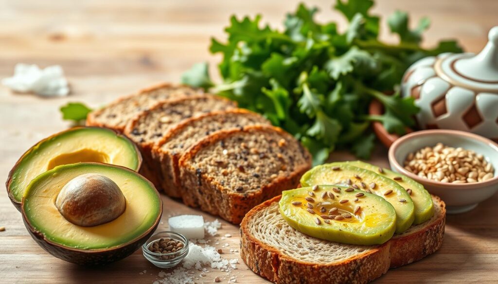 Vibrant, meticulously arranged still life depicting the essential ingredients for a delectable avocado toast. In the foreground, ripe avocado halves, their green flesh glistening, nestled alongside neatly sliced whole grain bread. Midground features a sprinkle of sea salt, a drizzle of rich, golden olive oil, and a scattering of freshly cracked black pepper. In the background, a handful of peppery arugula leaves add a pop of verdant color, while a decorative ceramic dish holds a sprinkling of toasted sesame seeds. Overhead, natural daylight bathes the scene in a soft, even glow, creating enticing shadows and highlights that showcase the textures and flavors of this simple, yet sophisticated culinary delight.