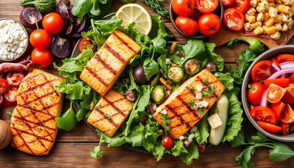Vivid, mouthwatering images of unique salmon salad variations. A bountiful array of fresh ingredients arranged artfully on a wooden table - tender grilled salmon fillets, crisp greens, vibrant veggies, and an array of complementary toppings. Soft natural lighting highlights the textures and colors, creating an appetizing and inviting composition. The scene exudes a sense of health, freshness, and culinary creativity, perfectly capturing the essence of "Creative Variations of Grilled Salmon Salad".