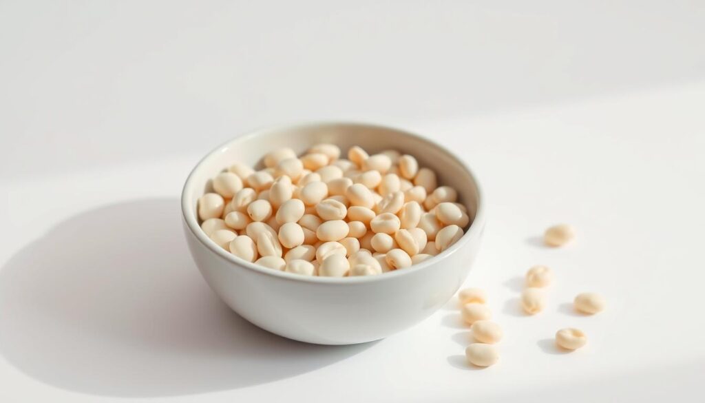 White ceramic bowl filled with an assortment of dried white beans - cannellini, navy, and lima - set against a plain white background. Soft, natural lighting illuminates the beans from the side, casting subtle shadows and highlights their varied shapes and textures. The bowl is positioned at a slight angle, creating depth and visual interest. The overall scene has a clean, minimalist aesthetic, focusing the viewer's attention solely on the simple yet essential ingredients for a hearty, nourishing white bean soup.