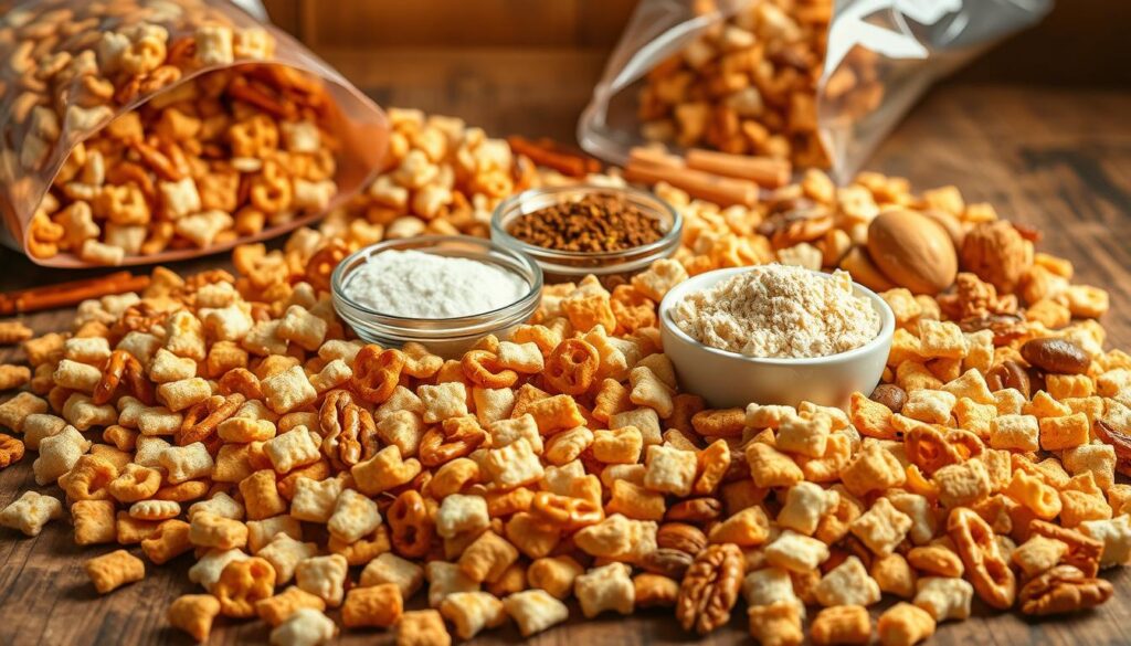 A close-up view of an assortment of Chex Mix ingredients spread out on a rustic wooden surface. The foreground features a variety of cereals, including Corn Chex, Rice Chex, and Wheat Chex, along with pretzels, nuts, and seasoned croutons. In the middle ground, there are small bowls filled with spices, herbs, and flavoring agents like Worcestershire sauce, garlic powder, and onion powder. The background has a warm, natural lighting that casts a cozy glow over the scene, highlighting the texture and colors of the ingredients. The overall composition conveys the essential elements needed to create a delicious and authentic Chex Mix snack.