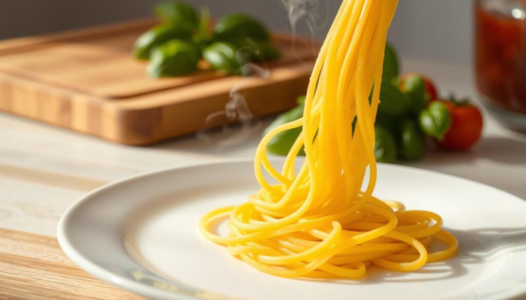 A crisp, golden-brown spaghetti noodle twirls elegantly on a clean, white plate, its perfectly al dente texture glistening under warm, natural lighting. The noodle is surrounded by a halo of steam, capturing the moment just after draining from a pot of boiling water. In the background, a wooden cutting board and a bundle of fresh basil leaves suggest the imminent addition of a rich, tomato-based sauce, hinting at the delicious meal to come. The overall scene conveys a sense of care, attention to detail, and the joy of crafting a simple yet elevated pasta dish.
