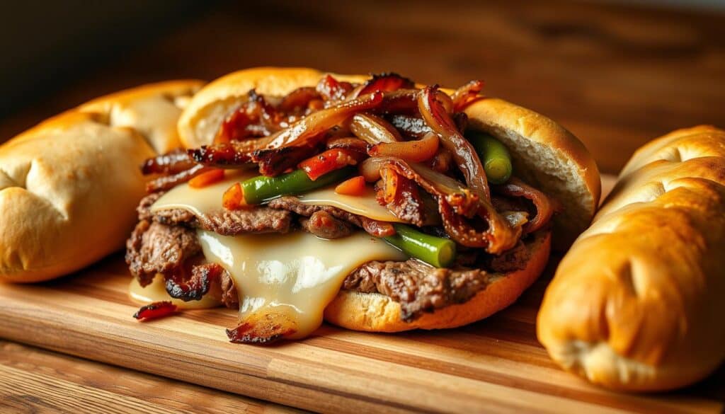 A delectable Philly cheesesteak, expertly presented on a wooden cutting board. The freshly grilled steak, thinly sliced and sizzling, is layered with melted provolone cheese, caramelized onions, and green bell peppers. The sandwich is carefully arranged, with the ingredients cascading artfully across the board. Soft, freshly baked hoagie rolls flank the presentation, their pillowy texture and golden-brown crust inviting the viewer to dig in. Warm lighting casts a cozy glow, highlighting the vibrant colors and textures of the dish. The overall scene evokes the authentic flavors and welcoming ambiance of a classic Philly cheesesteak, ready to be savored and shared.
