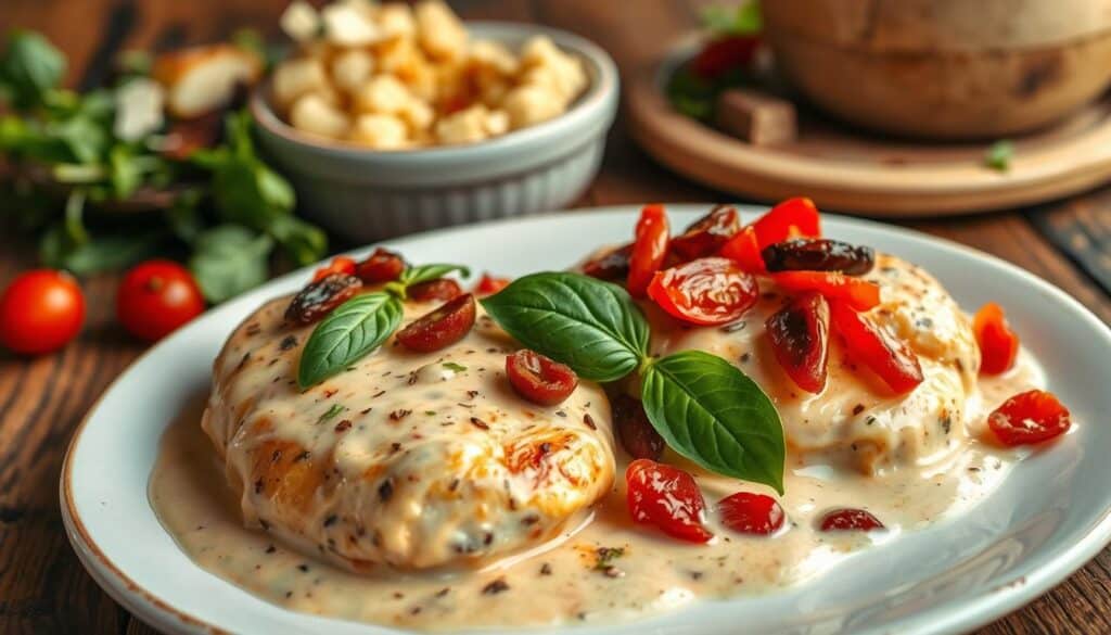 A delectable Tuscan chicken dish is plated on a rustic wooden table, the creamy sauce glistening under the warm, soft lighting. In the foreground, the juicy chicken breasts are garnished with fresh basil and sun-dried tomatoes, creating a vibrant contrast. The middle ground features a small bowl of roasted garlic-infused mashed potatoes, their rich texture complementing the chicken. In the background, a side salad of mixed greens, shaved Parmesan, and a balsamic vinaigrette adds a refreshing touch. The overall composition exudes an inviting, homemade atmosphere, perfectly capturing the essence of a comforting Tuscan-inspired meal.