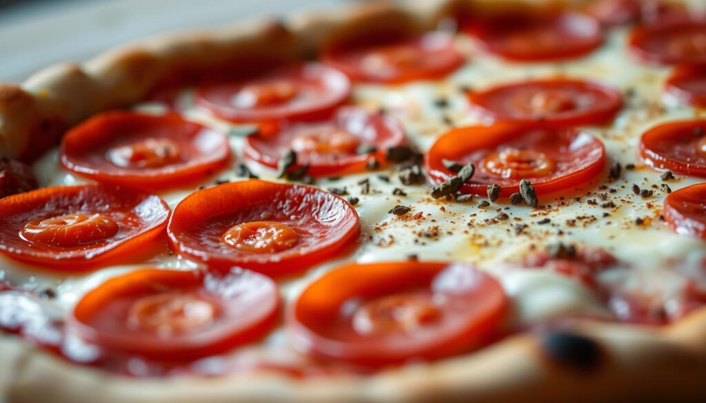 A delectable close-up view of a freshly assembled pepperoni pizza, showcasing the carefully layered toppings. In the foreground, slices of spicy pepperoni are meticulously arranged, their crimson hues vibrant against the glistening mozzarella cheese. The middle ground features a scattering of fragrant dried oregano and a dusting of freshly cracked black pepper, adding depth and complexity to the flavor profile. In the background, a thin, golden-brown crust forms the foundation, its edges lightly charred, inviting the viewer to imagine the satisfying crunch with each bite. The lighting is soft and warm, creating a mouthwatering, appetizing atmosphere that perfectly captures the essence of the "Pizza Assembly and Layering Order" section.