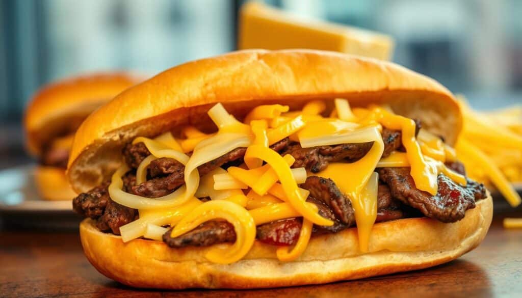 A delectable display of Philly cheesesteak cheese varieties, captured in a warm, inviting scene. In the foreground, a vibrant array of melted cheeses - gooey American, tangy provolone, and creamy Cheese Whiz - oozing over freshly grilled steak and crisp onions. The middle ground showcases a crusty, golden-brown hoagie roll, ready to cradle this mouthwatering creation. Soft, diffused lighting casts a cozy glow, hinting at the comfort and satisfaction to come. The background blurs into a subtle urban backdrop, allowing the cheesy focal point to take center stage. This image evokes the authentic flavors and textures of the quintessential Philly cheesesteak, inspiring the reader to recreate this iconic dish in their own kitchen.