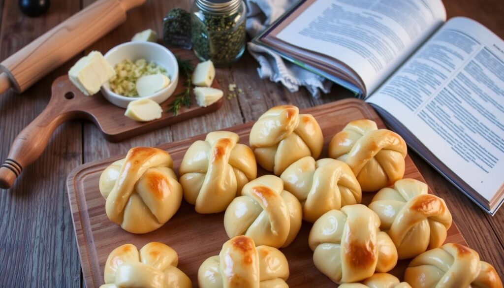 A detailed troubleshooting guide for garlic knots, shot from a slightly overhead angle with soft, warm lighting. In the foreground, a dozen freshly baked knots, golden-brown and glistening with melted butter. In the middle ground, a cutting board with various baking tools and ingredients - a rolling pin, a bowl of minced garlic, a jar of dried oregano. The background features a rustic wood table, with a vintage linen towel and a copy of a well-worn cookbook open to a recipe page. The overall mood is cozy, inviting, and filled with the aroma of freshly baked bread.