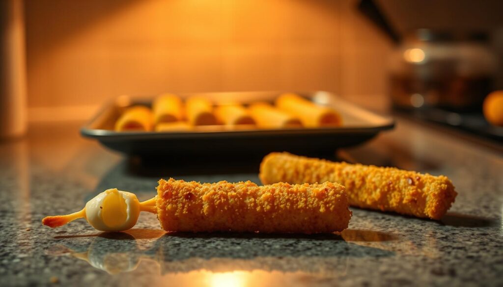 A dimly lit kitchen counter, the focus drawn to a plate of mozzarella sticks in various stages of preparation. In the foreground, a single, freshly fried stick glistens, its golden-brown crust revealing the molten cheese within. Beside it, a half-finished stick lies, exposing the challenges of achieving the perfect breading and frying technique. In the middle ground, a tray of uncooked mozzarella sticks awaits their turn, casting shadows that hint at the importance of temperature control. The background fades into a hazy blur, emphasizing the attention directed to the troubleshooting process. Warm, incandescent lighting casts a cozy glow, inviting the viewer to ponder the nuances of crafting the ideal mozzarella stick.