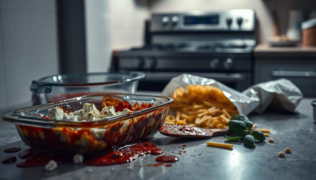 A dimly lit kitchen counter with various cooking mishaps scattered across it. In the foreground, a baking dish overflows with bubbling, charred feta cheese. Beside it, a cracked glass baking dish and a spatula covered in tomato sauce splatters. In the middle ground, a half-empty bag of pasta spills onto the counter, accompanied by a wilted, browning bunch of basil. The background is hazy, with a blurred stove and oven in the distance, suggesting a frantic, hurried cooking session gone awry. The overall mood is one of culinary disaster, captured in a moody, dramatic lighting setup with a slightly desaturated color palette.