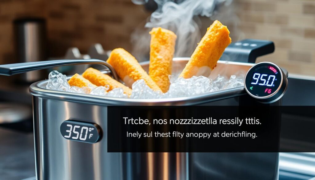 A gleaming metal deep fryer sits on a clean, stainless steel countertop, steam billowing from the bubbling oil as golden-brown mozzarella sticks sizzle to perfection. Crisp, evenly-fried exteriors conceal gooey, melted cheese centers, begging to be dipped in a rich, tangy marinara sauce. Warm, ambient lighting casts a cozy glow, while a precision digital thermometer displays the ideal 350°F frying temperature, ensuring consistently crispy results. The scene evokes the comforting aroma and satisfying crunch of the ultimate mozzarella stick, ready to be savored in the "Oil Temperature and Frying Tips" section of the mouthwatering recipe.