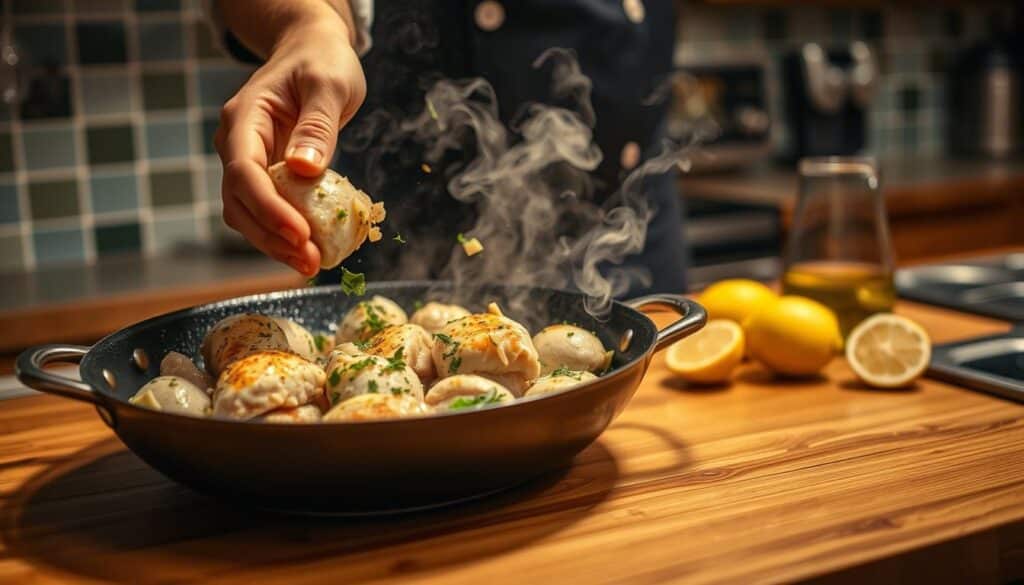 A high-quality pan sizzles on a wooden kitchen counter, filled with tender chicken breasts, garlic, and fragrant herbs. In the foreground, a chef's hands delicately toss the ingredients, creating a captivating dance of culinary artistry. The middle ground reveals sliced lemon wedges, glistening white wine, and a steam-filled atmosphere. In the background, a tile backsplash and modern appliances set the stage for this mouthwatering Chicken Scampi cooking process. Warm lighting casts a golden glow, evoking the comforting aroma and flavors of this classic Italian-American dish.