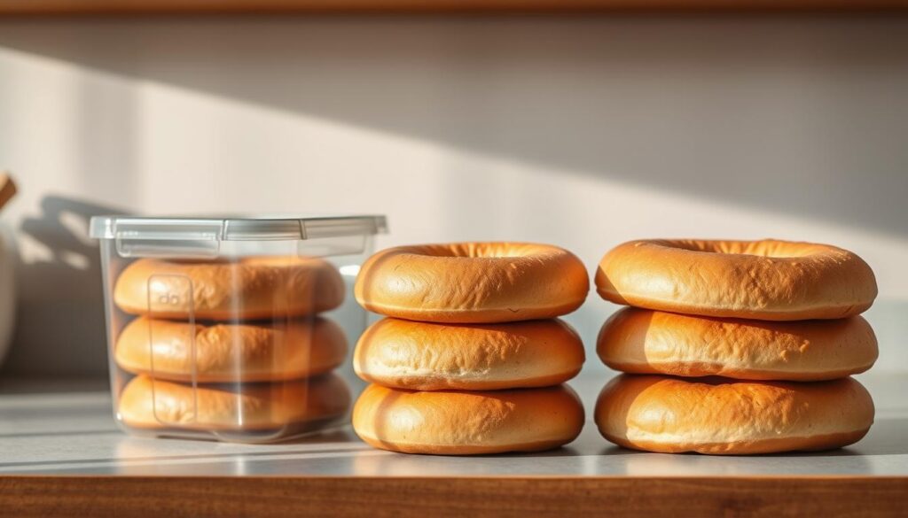 A kitchen counter top filled with evenly spaced protein-infused bagels, neatly stacked and organized in a clear plastic storage container. The bagels are freshly baked, with a golden-brown crust and a soft, fluffy interior. Soft, natural lighting illuminates the scene, casting warm shadows and highlighting the texture of the bagels. The container is positioned against a neutral, minimalist background, emphasizing the clean, organized meal prep setup. The overall scene conveys a sense of preparedness, efficiency, and a commitment to a healthy, balanced lifestyle.
