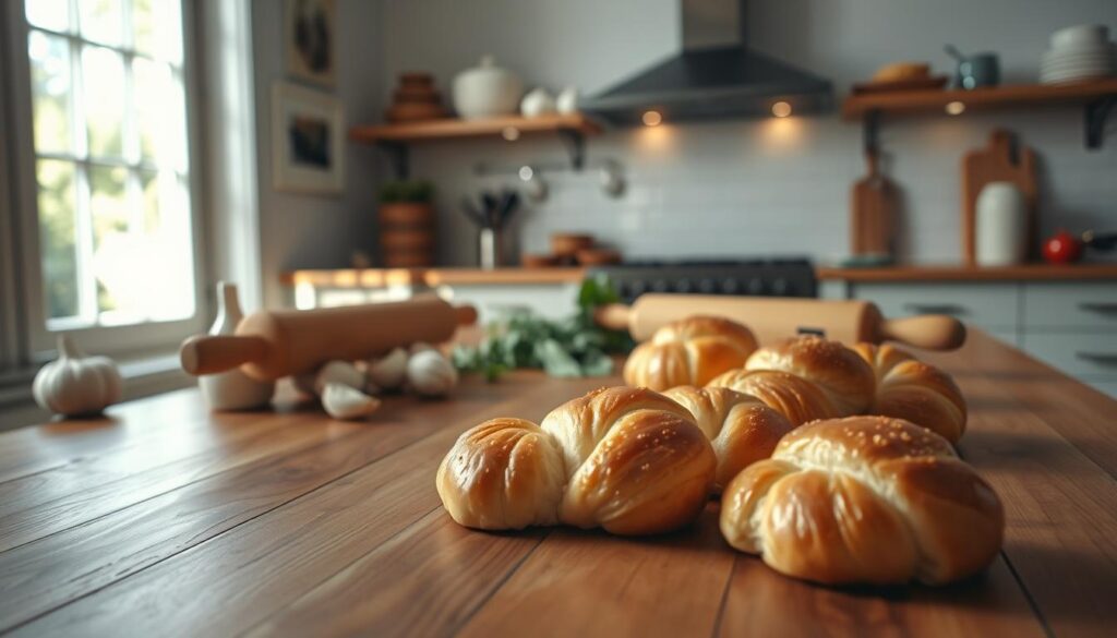 A large wooden table in a bright, airy kitchen. On the table, fresh homemade garlic knots in the foreground, golden brown and glistening with melted butter. Garlic cloves, fresh herbs, and a rolling pin in the middle ground, hinting at the preparation process. Soft, natural lighting from a nearby window illuminates the scene, casting gentle shadows. The atmosphere is warm, inviting, and makes you want to reach out and tear off a piping hot garlic knot.