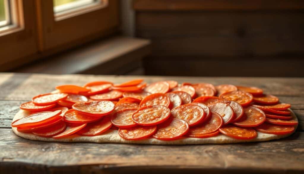 A neatly arranged collection of different types of pepperoni slices on a rustic wooden surface, lit by warm natural light from a nearby window. The pepperoni varieties include classic spicy pepperoni, creamy-textured Italian-style pepperoni, and smoked pepperoni with a deeper, richer flavor. The arrangement is carefully composed to showcase the distinct colors, shapes, and patterns of each pepperoni type, creating a visually appealing and mouthwatering display. The image conveys a sense of quality ingredients and artisanal craftsmanship, reflecting the care and attention that goes into making the best pepperoni pizza at home.