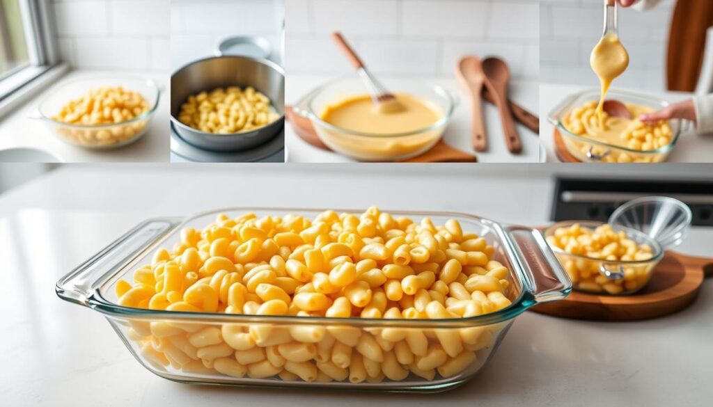A neatly arranged composition depicting the step-by-step preparation of baked macaroni and cheese. In the foreground, a glass baking dish filled with perfectly cooked elbow macaroni, covered in a rich, creamy cheese sauce. Surrounding the dish, various preparation steps are showcased, such as boiling the pasta, creating the cheese sauce, and assembling the dish. In the middle ground, kitchen utensils like a wooden spoon, a whisk, and a measuring cup are artfully arranged, highlighting the process. The background features a clean, minimalist kitchen counter, with natural lighting filtering in, creating a warm, inviting atmosphere. The overall scene conveys a sense of culinary expertise and the comforting appeal of this classic dish.