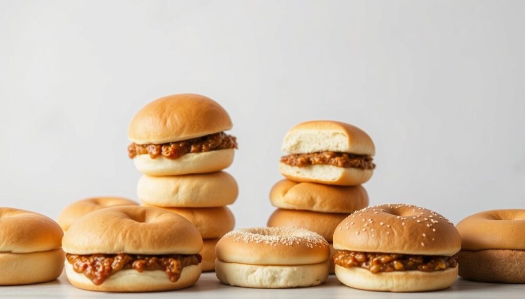 A neatly arranged display of various buns suitable for sloppy joes, showcased against a soft, neutral background. The buns include classic hamburger buns, brioche rolls, and hearty whole wheat options, each with distinct textures and shades of golden brown. The lighting is natural and diffused, highlighting the inviting, appetizing qualities of the buns. The camera angle is slightly elevated, providing a visually appealing, enticing perspective of the selection. The overall mood is one of simplicity, quality, and the comforting essence of this classic American dish.